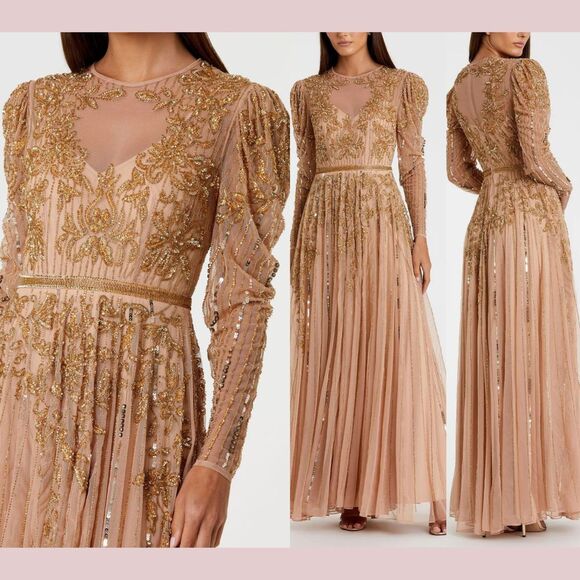 NWT $998 Mac Duggal [ 14 ] 93638 Beaded Illusion Puff Sleeve Gown Nude Gold J641 - Picture 1 of 16